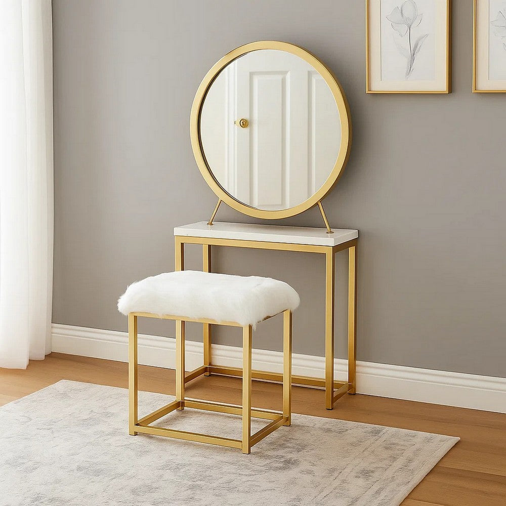 Rose Round Vanity Mirror with Stool, Faux Fur Seat, Brass, White - BM279008