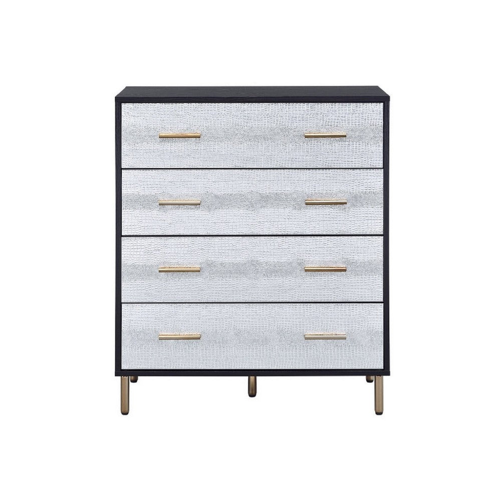 Emily 37 Inch Wood Tall Dresser Chest, 4 Drawers, Gold Handles, Black - BM279009