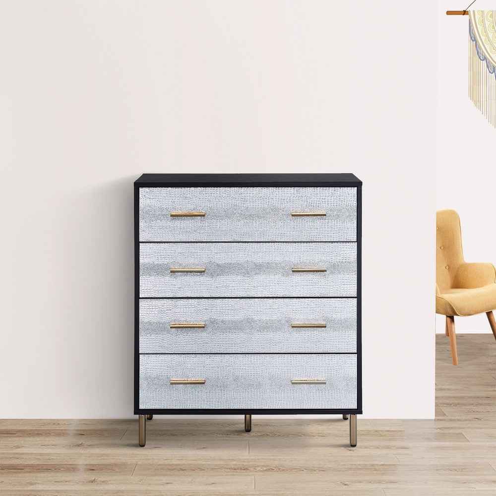 Emily 37 Inch Wood Tall Dresser Chest, 4 Drawers, Gold Handles, Black - BM279009