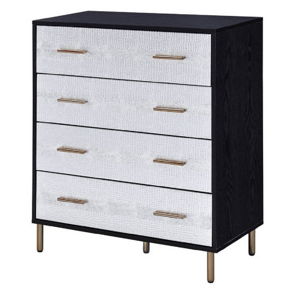 Emily 37 Inch Wood Tall Dresser Chest, 4 Drawers, Gold Handles, Black - BM279009