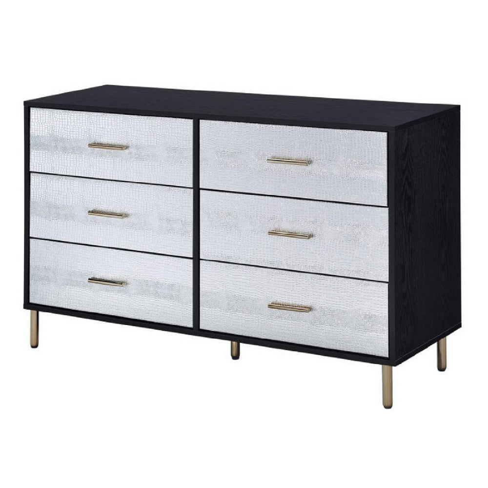 Emily 47 Inch Wood Side Dresser with 6 Drawers, Metal Bar Handles, Black - BM279011