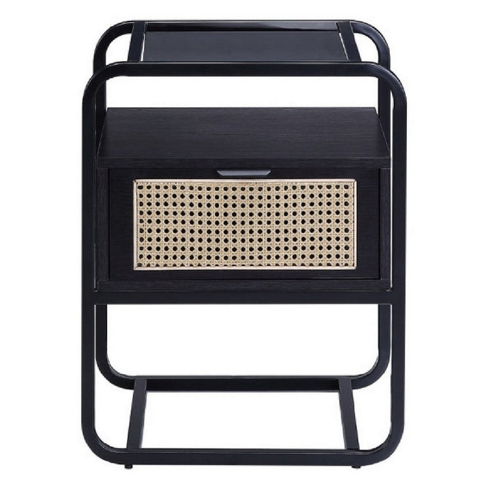 24 Inch Wood Accent Table, Tempered Glass Table Top, Pull Out Drawer, Black - BM279019