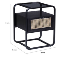 24 Inch Wood Accent Table, Tempered Glass Table Top, Pull Out Drawer, Black - BM279019