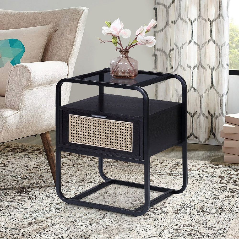 24 Inch Wood Accent Table, Tempered Glass Table Top, Pull Out Drawer, Black - BM279019