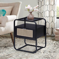 24 Inch Wood Accent Table, Tempered Glass Table Top, Pull Out Drawer, Black - BM279019