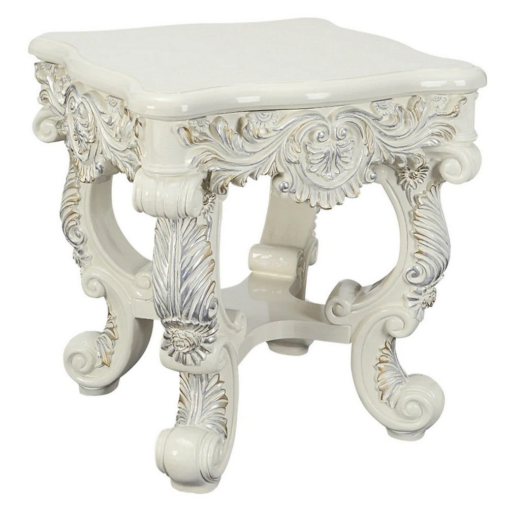 Ataa 28 Inch Square End Table, Ornate Floral Carvings, Claw Feet, White - BM279046