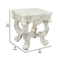 Ataa 28 Inch Square End Table, Ornate Floral Carvings, Claw Feet, White - BM279046