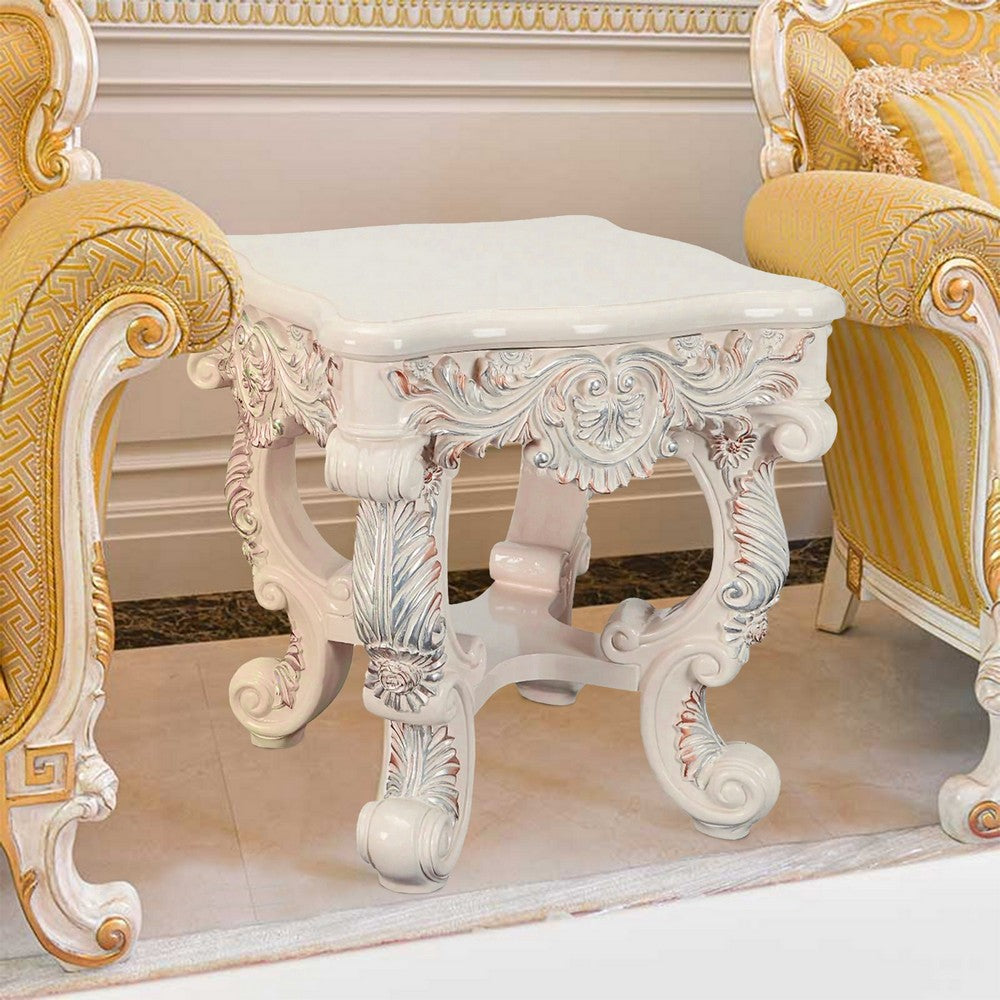 Ataa 28 Inch Square End Table, Ornate Floral Carvings, Claw Feet, White - BM279046