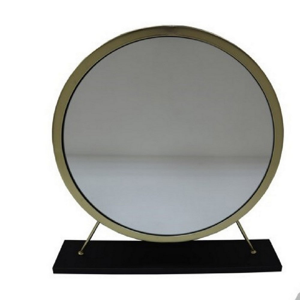Rose Round Vanity Mirror with Stool, Faux Fur Seat, Brass, Black - BM279064