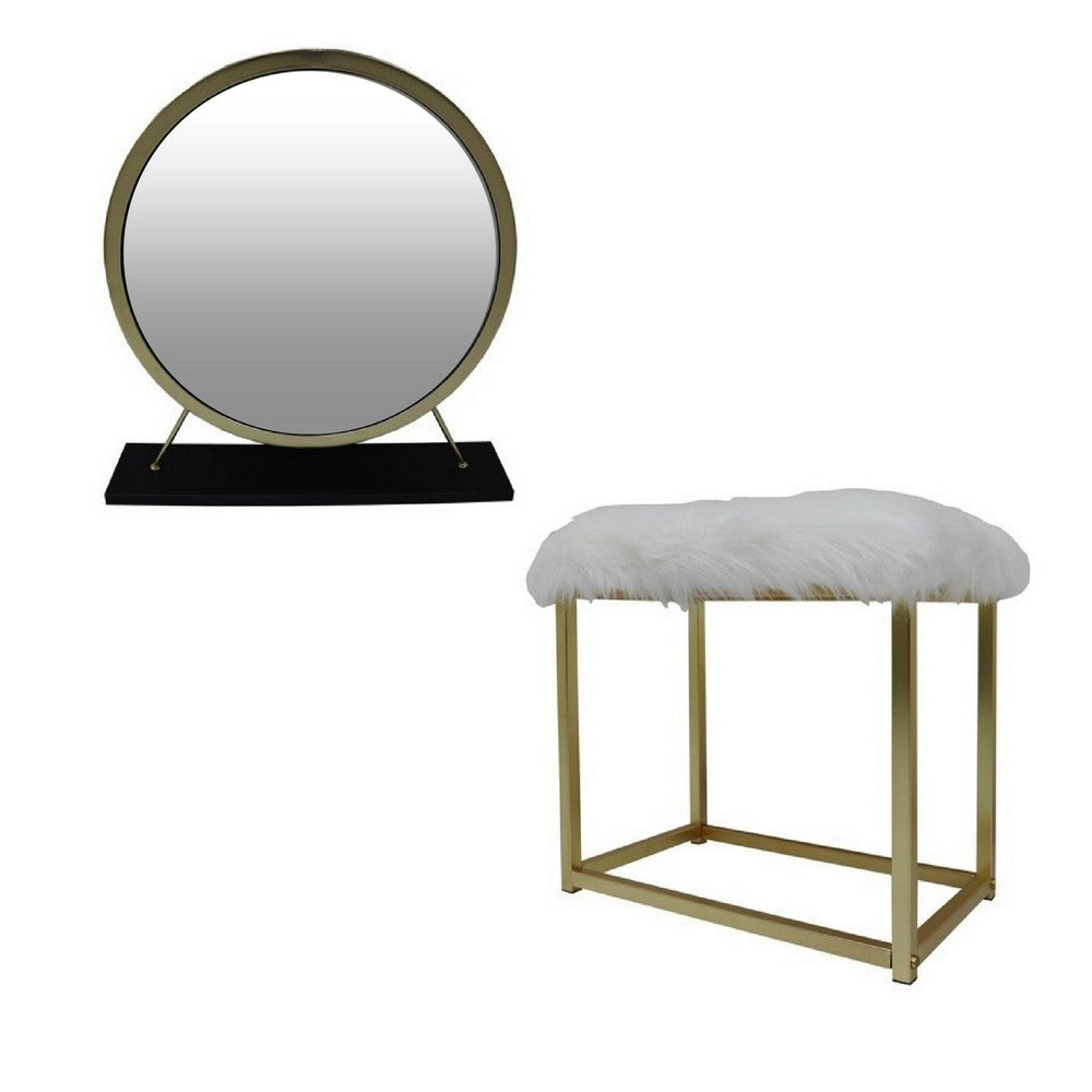 Rose Round Vanity Mirror with Stool, Faux Fur Seat, Brass, Black - BM279064
