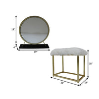 Rose Round Vanity Mirror with Stool, Faux Fur Seat, Brass, Black - BM279064