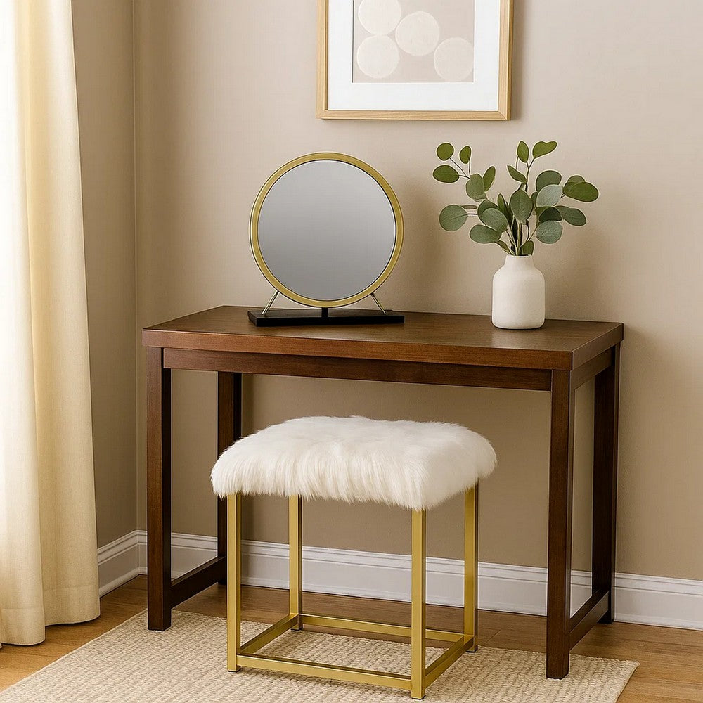 Rose Round Vanity Mirror with Stool, Faux Fur Seat, Brass, Black - BM279064
