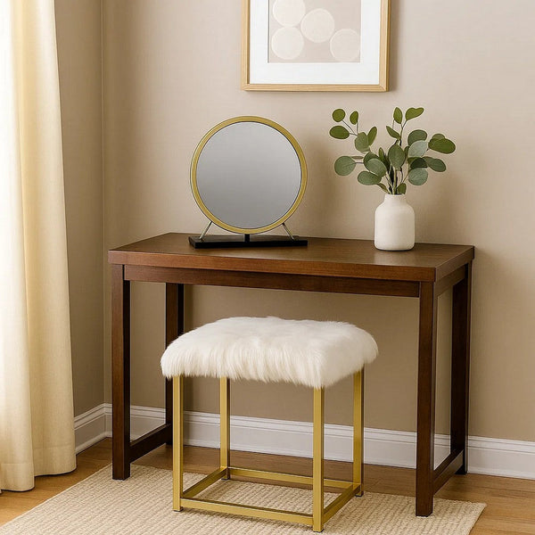 Rose Round Vanity Mirror with Stool, Faux Fur Seat, Brass, Black - BM279064