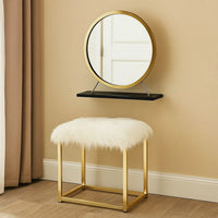 Rose Round Vanity Mirror with Stool, Faux Fur Seat, Brass, Black - BM279064