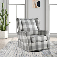 35 Inch Accent Swivel Chair, Glider, Checkered Fabric, Light Gray - BM279086