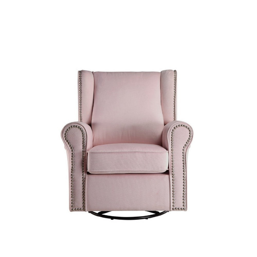 35 Inch Accent Swivel Chair, Glider, Nailhead Trim, Light Pink - BM279087