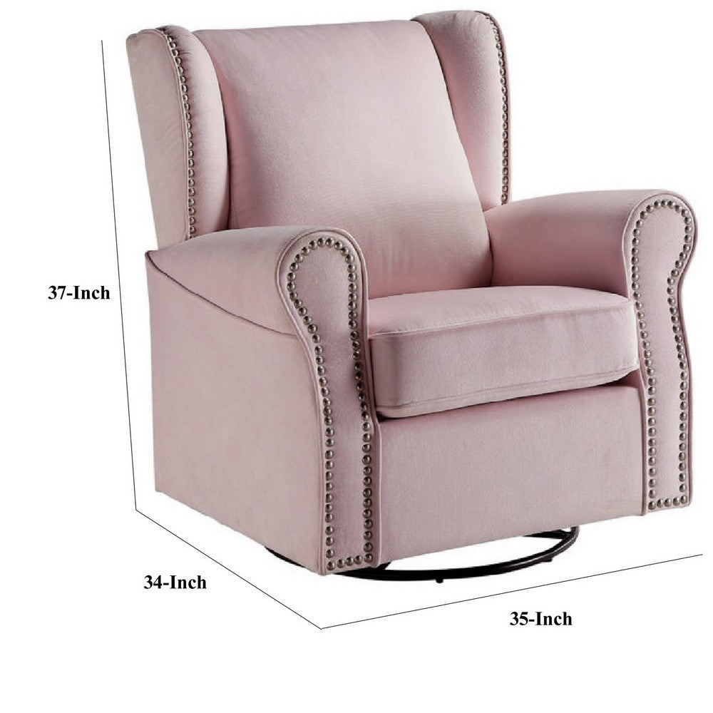 35 Inch Accent Swivel Chair, Glider, Nailhead Trim, Light Pink - BM279087