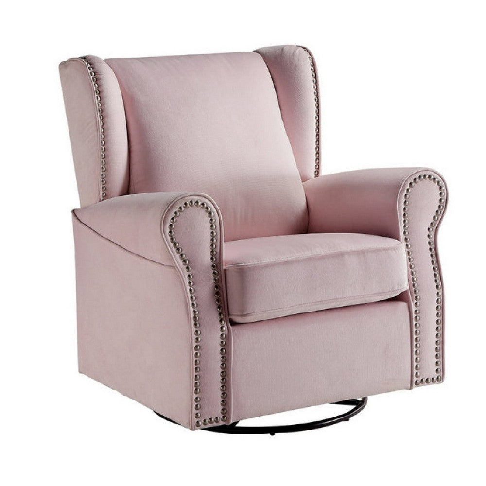 35 Inch Accent Swivel Chair, Glider, Nailhead Trim, Light Pink - BM279087