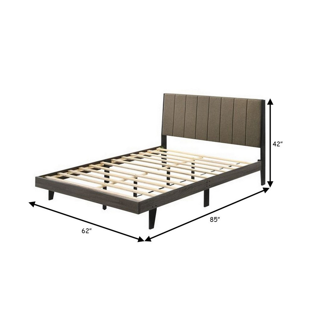 Modern Wood Platform Queen Bed, Channel Tufted Upholstery, Brown, Gray - BM279093