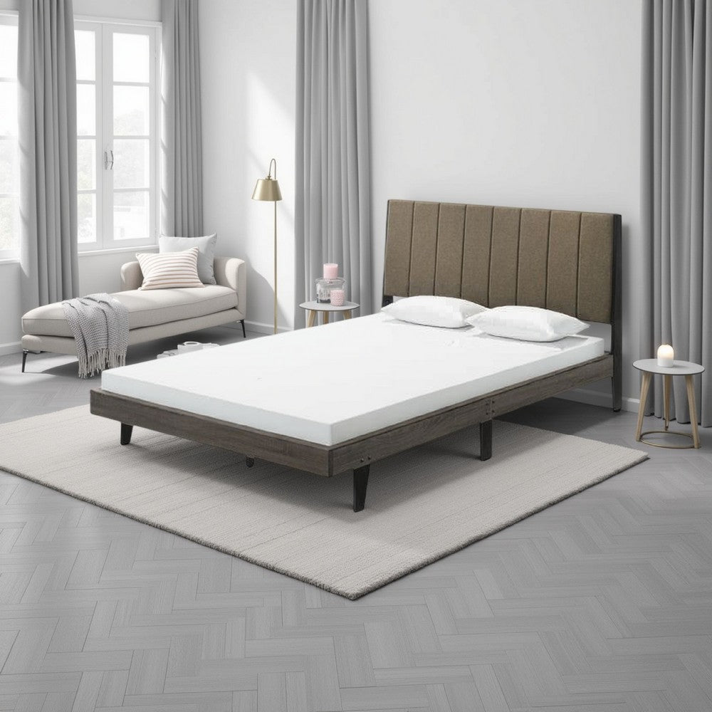 Modern Wood Platform Queen Bed, Channel Tufted Upholstery, Brown, Gray - BM279093