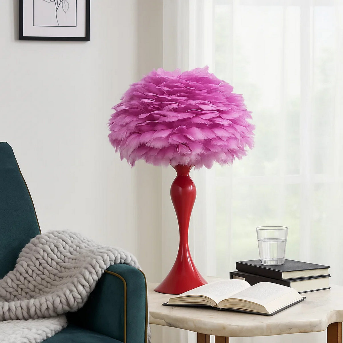 Lily 24 Inch Metal Glam Feather Table Lamp, Candlestick, 40W, Pink, Red - BM279099