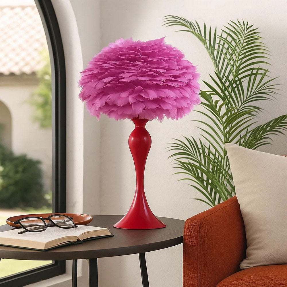 Lily 24 Inch Metal Glam Feather Table Lamp, Candlestick, 40W, Pink, Red - BM279099