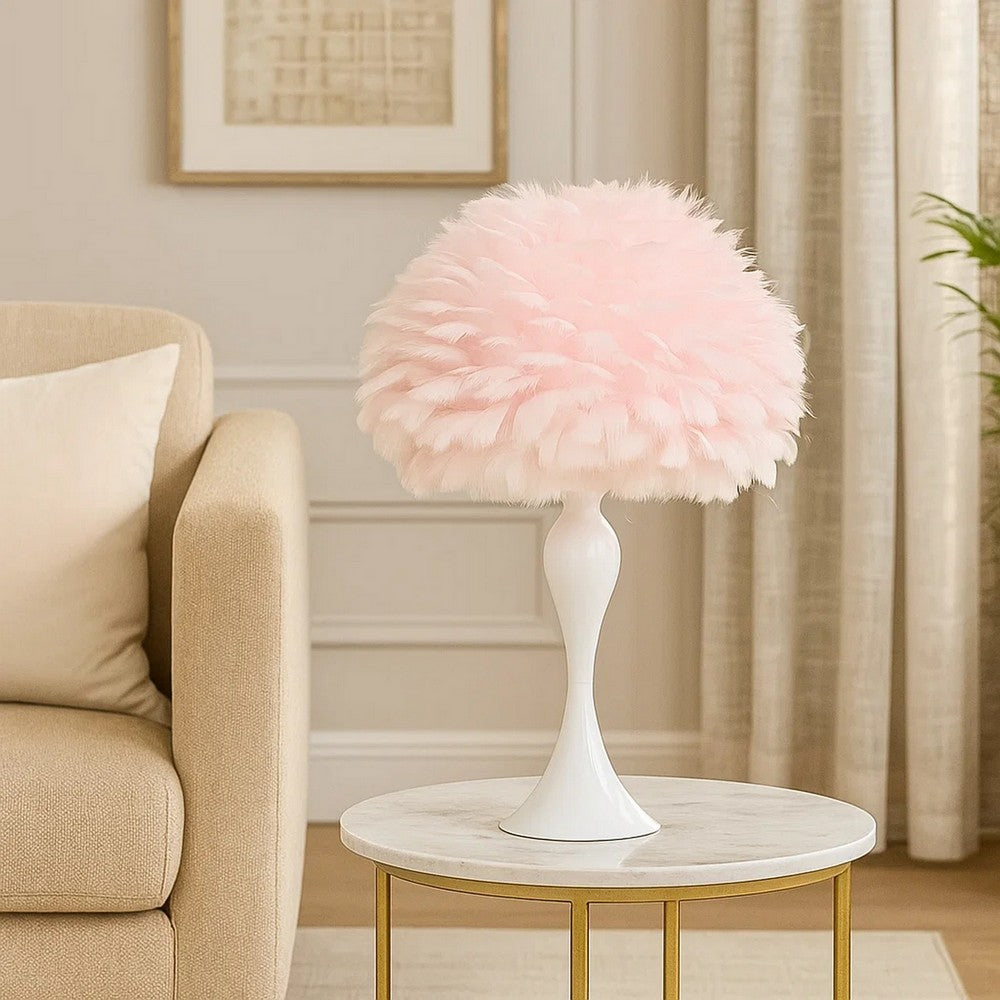 Lily 24 Inch Metal Glam Feather Table Lamp, Candlestick, 40W, Pink, White - BM279100