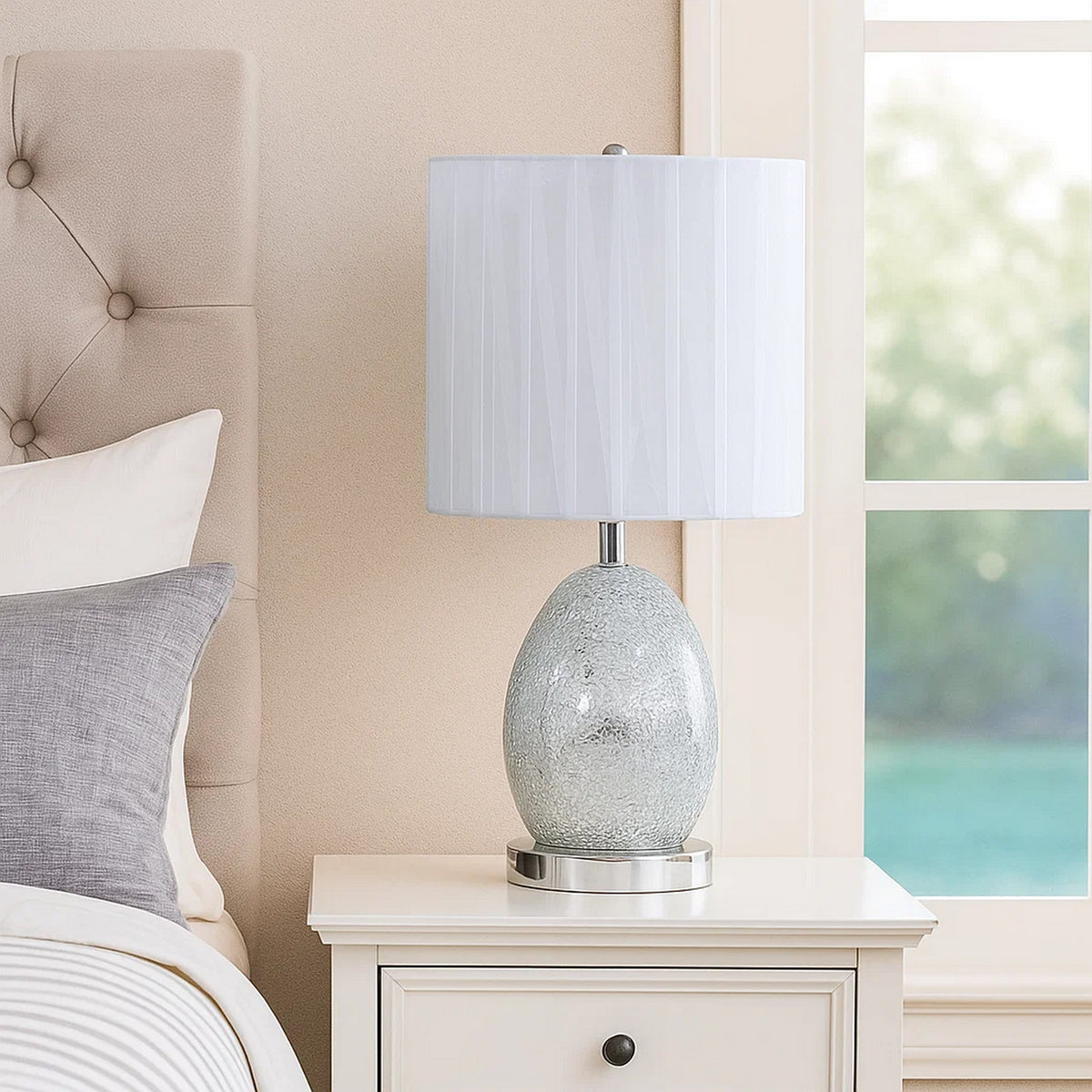 20 Inch Glass Table Lamp, 9W LED, 3 Way Switch, Egg Shape, Silver - BM279101