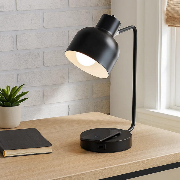 15 Inch Metal Table Lamp, Adjustable Shade, Wireless Charging, Black - BM279103