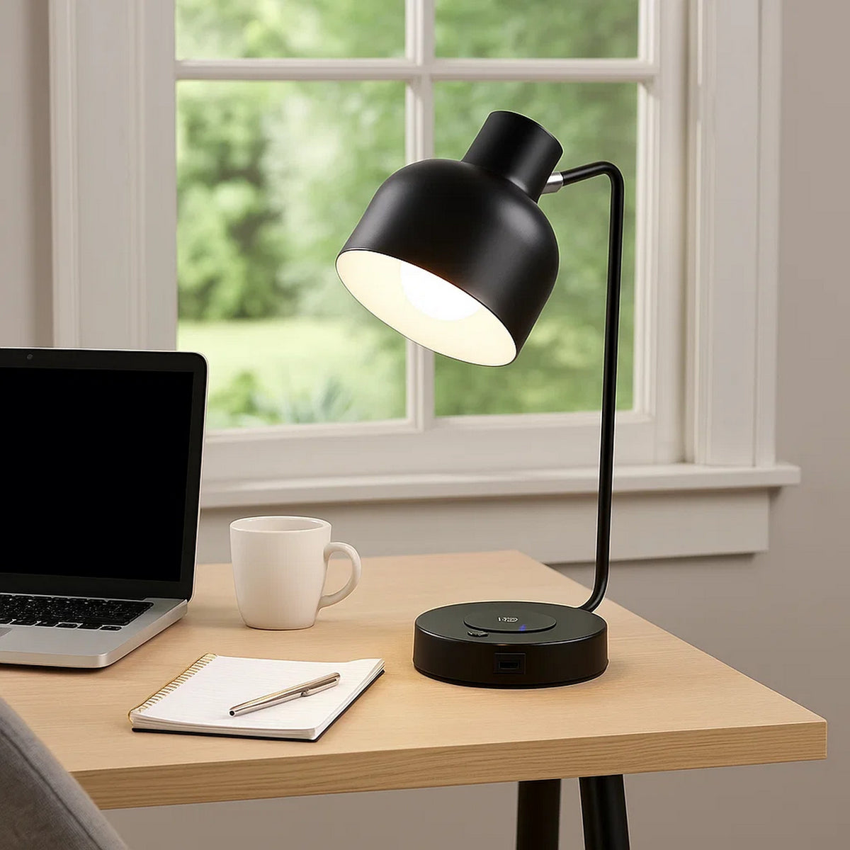 15 Inch Metal Table Lamp, Adjustable Shade, Wireless Charging, Black - BM279103