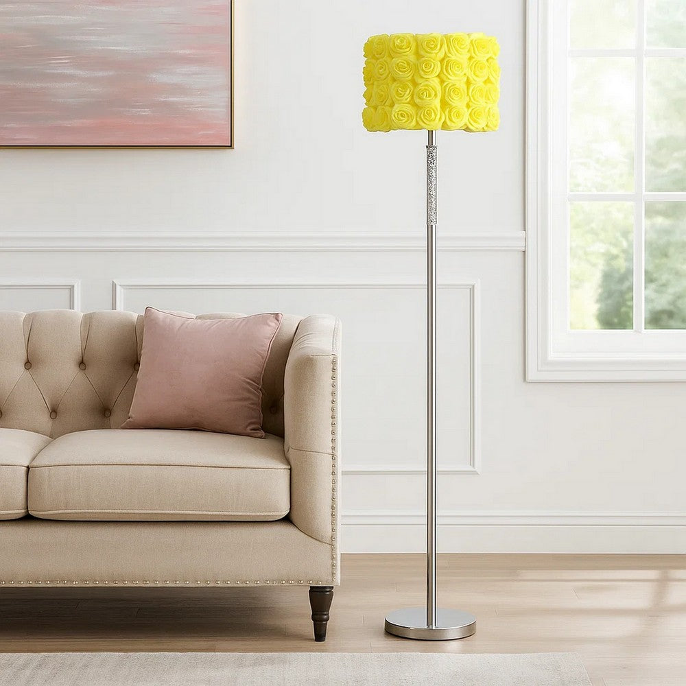 Finn 63 Inch Glamorous Floor Lamp, Rose Accent Shade, 100W, Yellow, Silver - BM279105