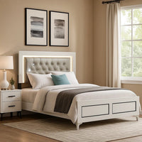 Elegant Queen Size Bed, LED Trim, Button Tufted Headboard, White - BM279141