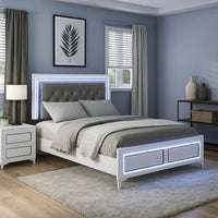 Elegant Queen Size Bed, LED Trim, Button Tufted Headboard, White - BM279141