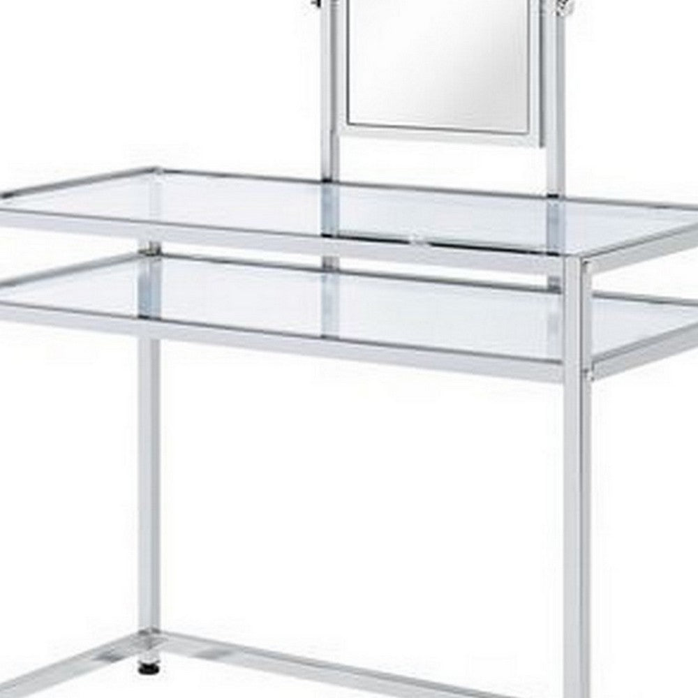 42 Inch 3 Piece Vanity Desk Set, Mirror, Faux Fur Padded Seat, Chrome Metal - BM279142