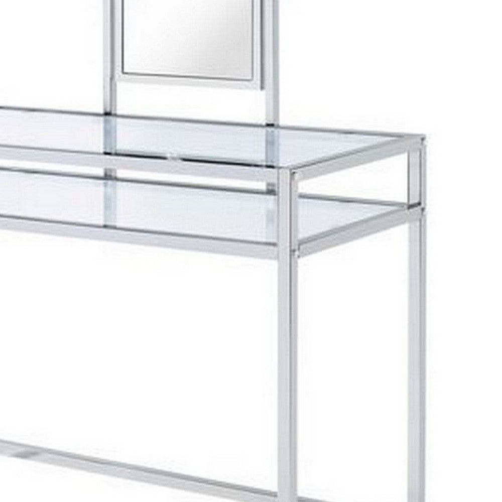 42 Inch 3 Piece Vanity Desk Set, Mirror, Faux Fur Padded Seat, Chrome Metal - BM279142