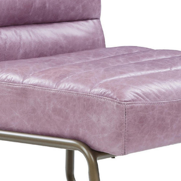 21 Inch Top Grain Leather Accent Chair, Channel Tufted, Metal Frame, Purple - BM279148