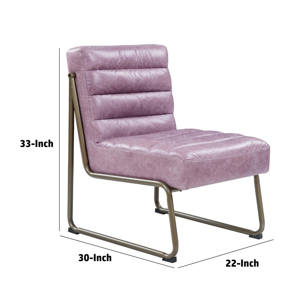 21 Inch Top Grain Leather Accent Chair, Channel Tufted, Metal Frame, Purple - BM279148