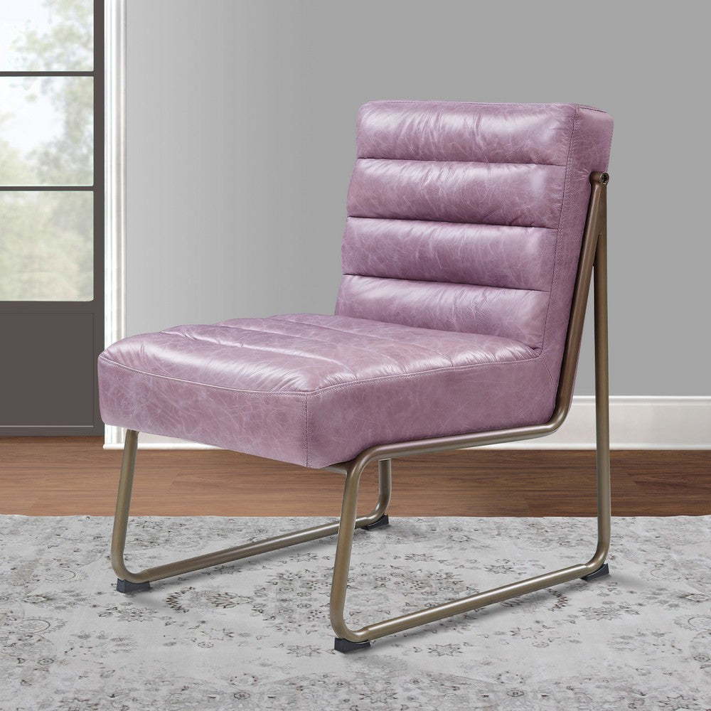 21 Inch Top Grain Leather Accent Chair, Channel Tufted, Metal Frame, Purple - BM279148