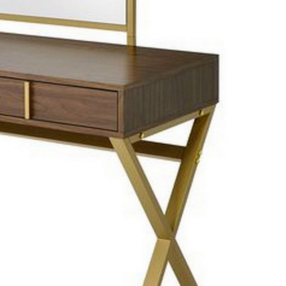 50 Inch Classic Arched Mirror Vanity Desk, Wood, X Metal Frame, Brown, Gold - BM279149