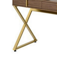 50 Inch Classic Arched Mirror Vanity Desk, Wood, X Metal Frame, Brown, Gold - BM279149