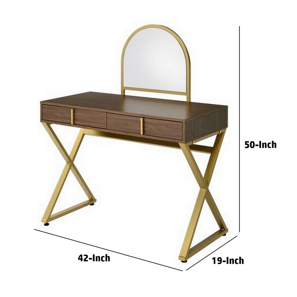 50 Inch Classic Arched Mirror Vanity Desk, Wood, X Metal Frame, Brown, Gold - BM279149