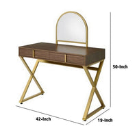 50 Inch Classic Arched Mirror Vanity Desk, Wood, X Metal Frame, Brown, Gold - BM279149
