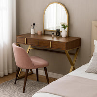 50 Inch Classic Arched Mirror Vanity Desk, Wood, X Metal Frame, Brown, Gold - BM279149