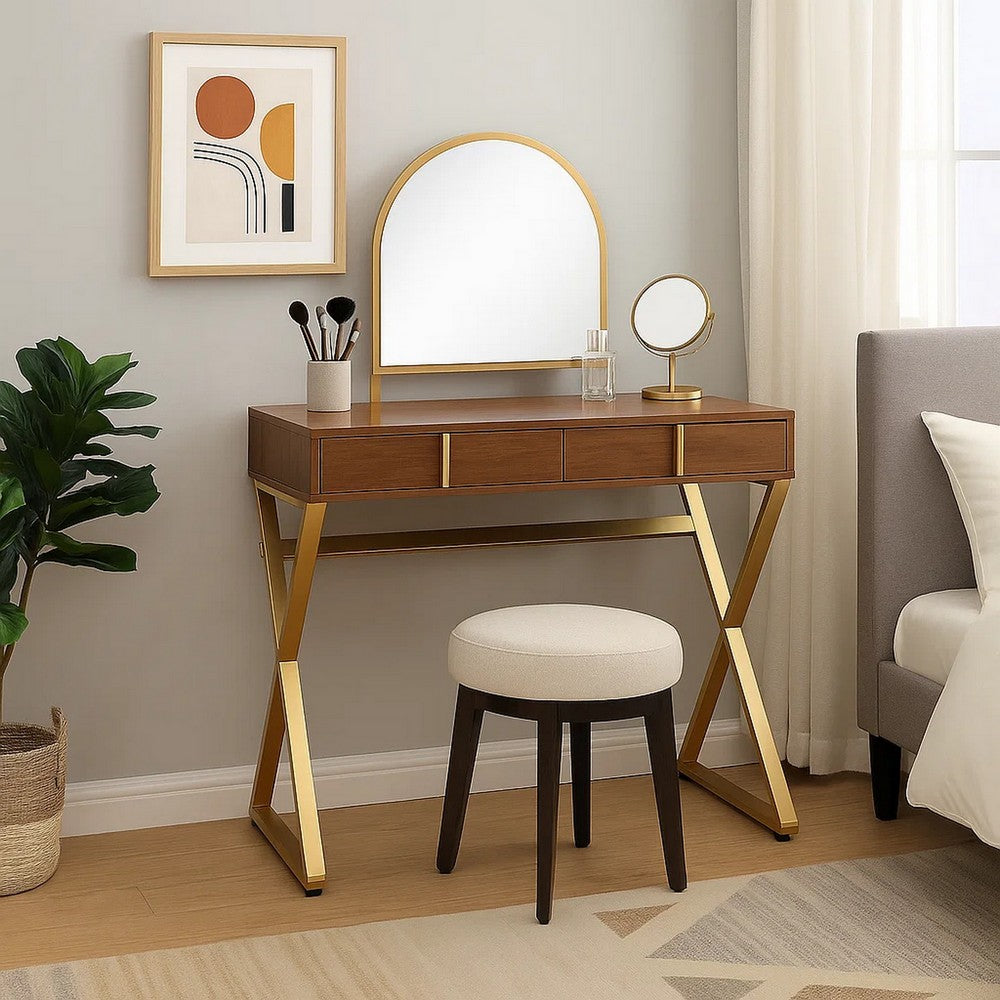 50 Inch Classic Arched Mirror Vanity Desk, Wood, X Metal Frame, Brown, Gold - BM279149