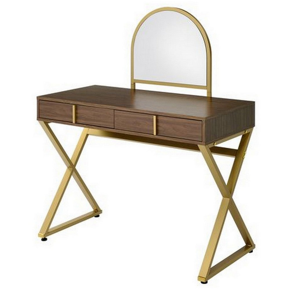 50 Inch Classic Arched Mirror Vanity Desk, Wood, X Metal Frame, Brown, Gold - BM279149