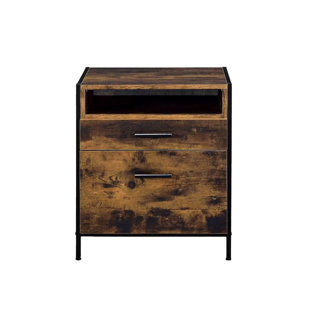 Nat 23 Inch Rustic Wood Nightstand, 2 Drawers, Brown and Black - BM279151