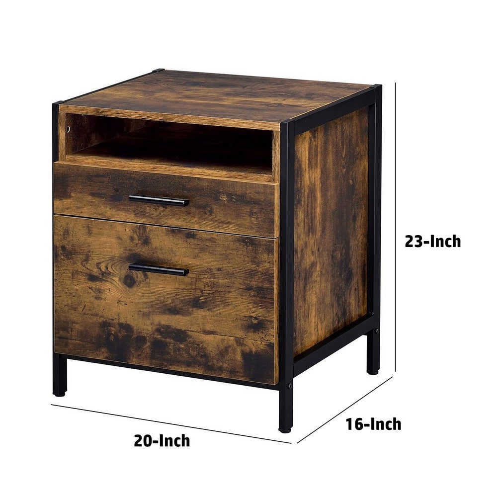 Nat 23 Inch Rustic Wood Nightstand, 2 Drawers, Brown and Black - BM279151