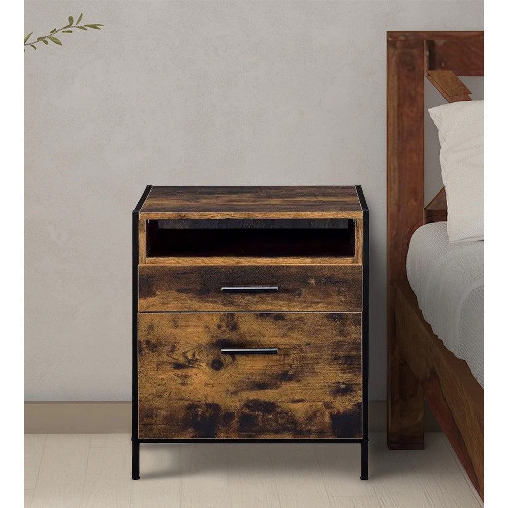 Nat 23 Inch Rustic Wood Nightstand, 2 Drawers, Brown and Black - BM279151