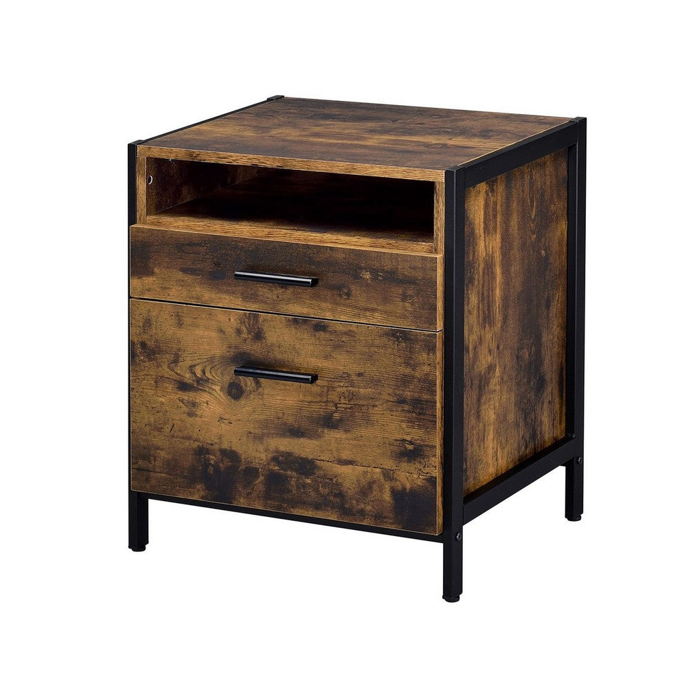 Nat 23 Inch Rustic Wood Nightstand, 2 Drawers, Brown and Black - BM279151