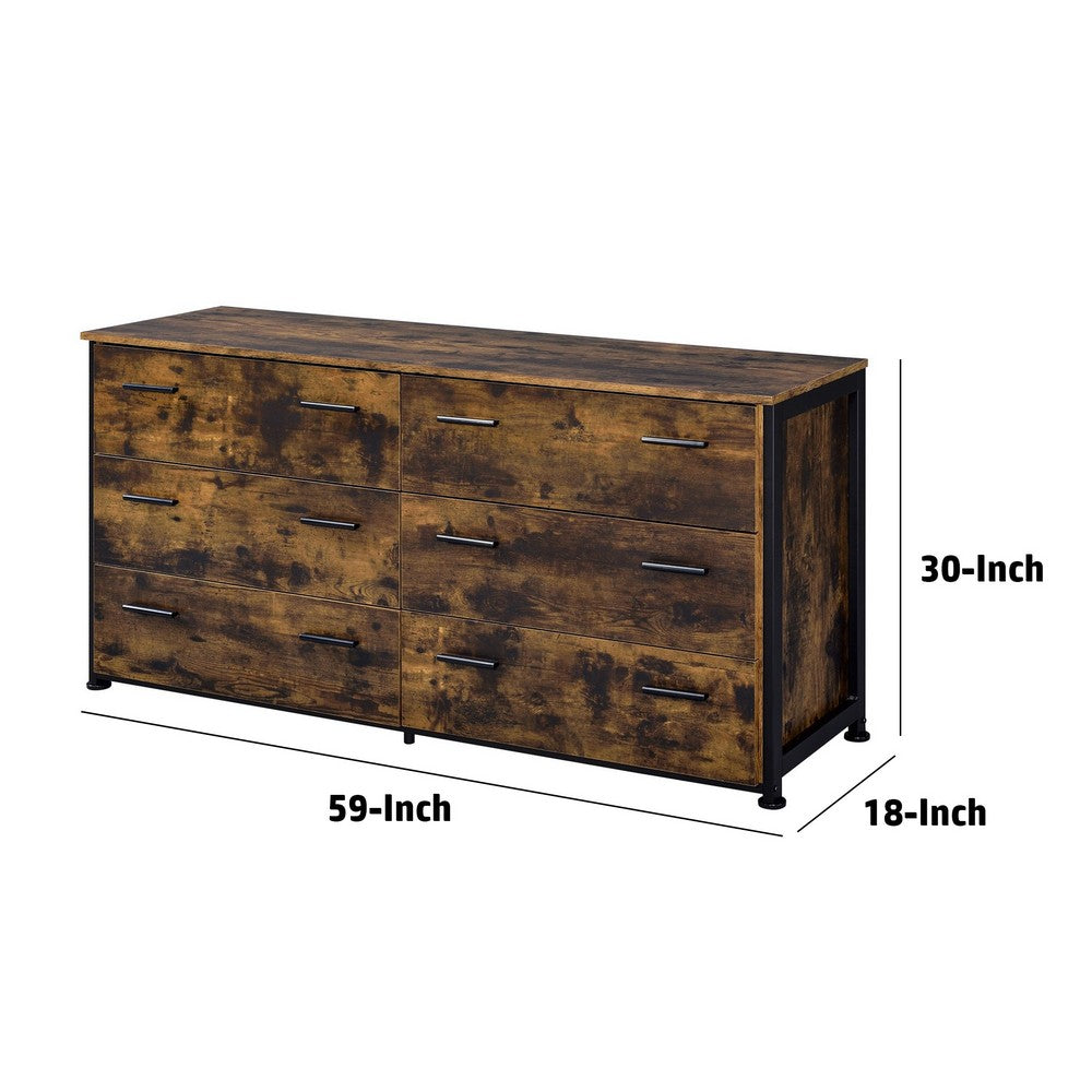Nat 59 Inch Rustic Wood Dresser, 6 Drawers, Brown and Black - BM279152